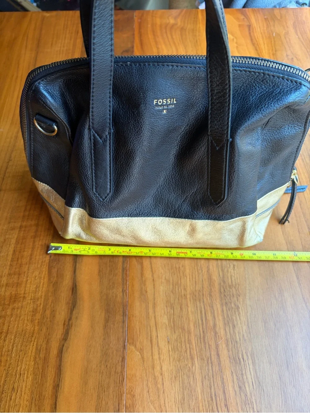 Fossil Black & Gold Colorblock Leather Satchel Bag